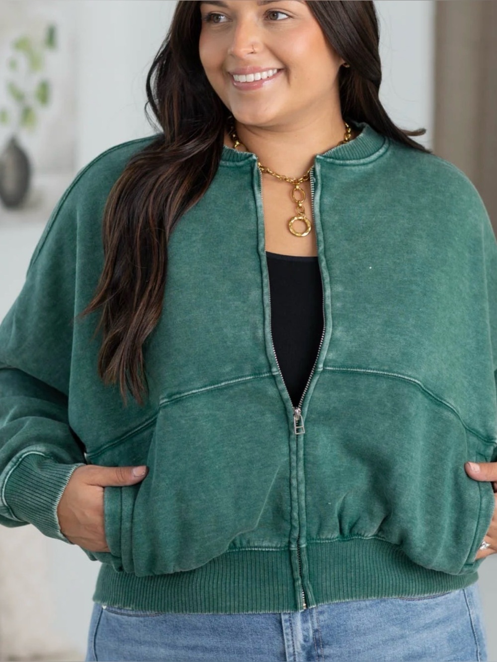 Zenana Women’s Green Zip-Front Bomber Jacket NWOT
